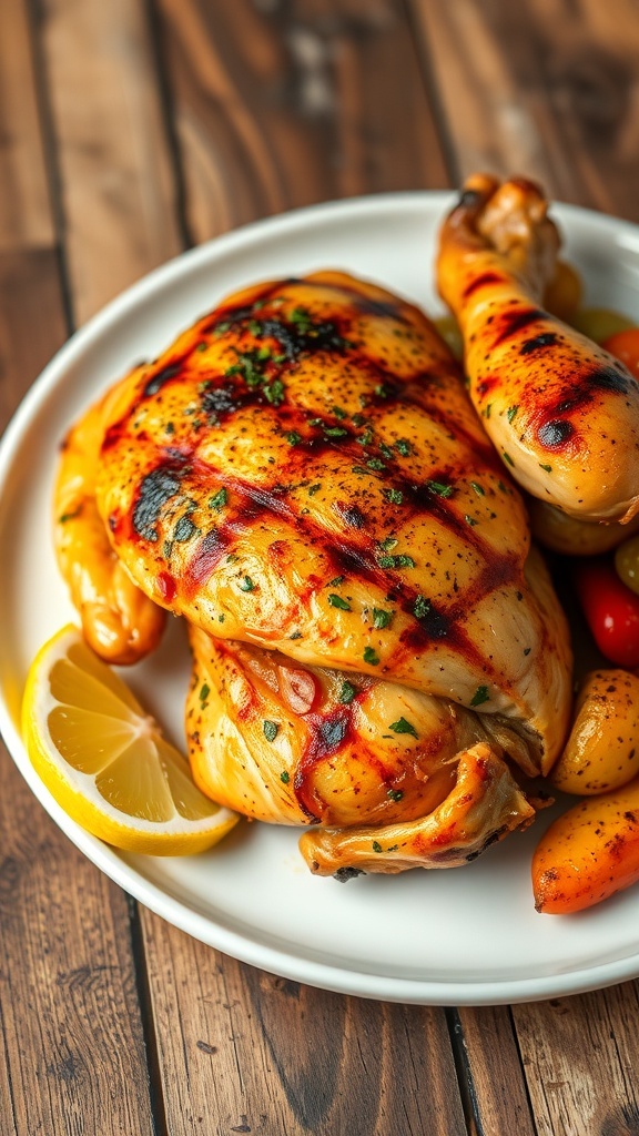 Oven grilled chicken with crispy skin, served with roasted vegetables and lemon on a rustic table.